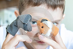 A caucasian boy playing different roles by using finger puppets, toys for expressing his emotions, agression, fear and freandship