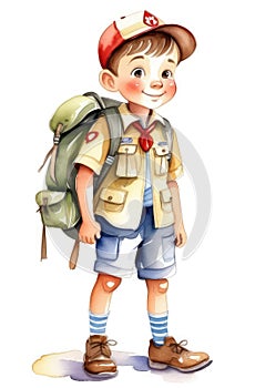 Caucasian boy scout kid in shorts, hat and uniform with backpack, colorful watercolor illustration