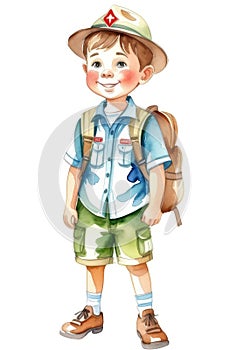 Caucasian boy scout in shorts, hat, uniform ready for hiking, colorful watercolor illustration
