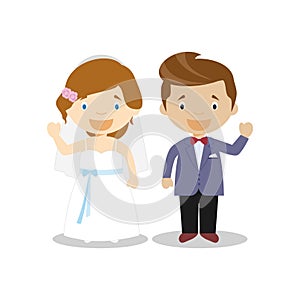 Caucasian bride and mestizo bridegroom Interracial newlywed couple in cartoon style Vector illustration photo