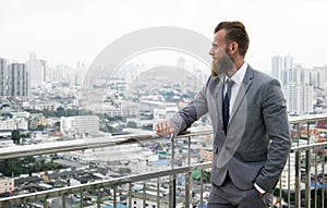 Caucasian Business Man Standing Railings City View Concept photo