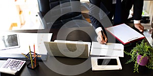 Caucasian Business man working at office with laptop computer and documents on his desk