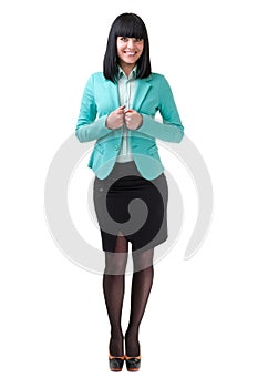 Caucasian business woman standing, full length portrait isolated on white