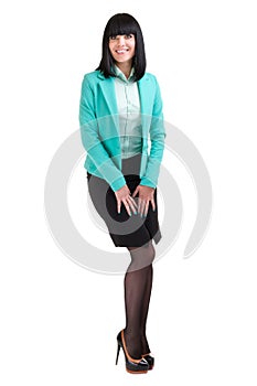 Caucasian business woman standing, full length portrait isolated on white