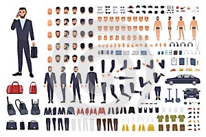 Caucasian businessman or clerk creation set or DIY kit. Bundle of male cartoon character body parts, office clothes