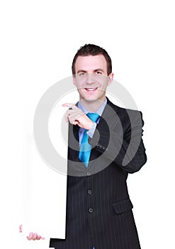 Caucasian businessman with empty,blank white card.