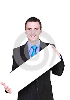 Caucasian businessman with empty,blank white card.