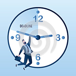 Caucasian businessman hangs on the clock,deadline concept with watch and male character