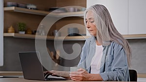 Caucasian businesswoman housewife senior freelancer mature lady sitting at home kitchen holds cup of tea or hot coffee