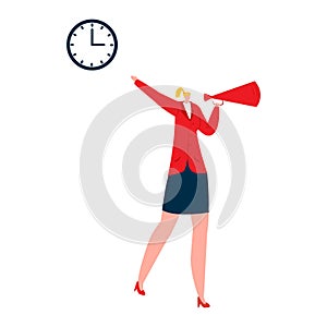 Caucasian businesswoman with megaphone and clock. Female leader in red jacket motivational speaking. Time management and