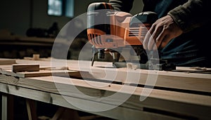 Caucasian carpenter sawing wood with electric and hand saws generated by AI