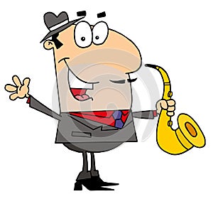 Caucasian cartoon saxophonist man