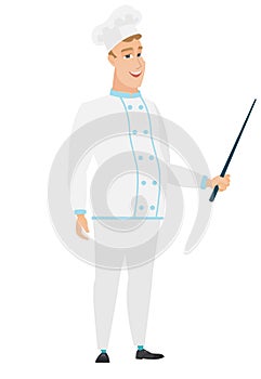 Caucasian chef cook holding pointer stick.