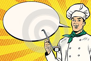 Caucasian chef with ladle for cooking, comic bubble