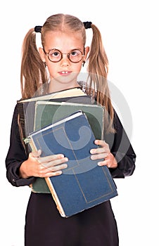 Caucasian child girl with school books stationary isolated on white background.