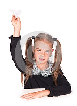 Caucasian child girl with school supplies stationary isolated on white background