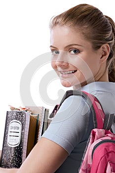 Caucasian college student with backpack notebooks