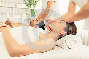 Caucasian couple enjoying relaxing anti-stress head massage. Quiescent