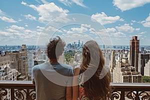 Caucasian couple enjoying the stunning view of the new york city skyline from a high vantage point