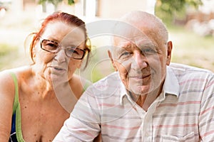 CAUCASIAN couple of silent generation in their 80s. Happy senior healthy man and woman