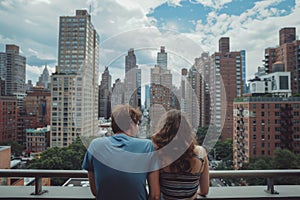 Caucasian couple sitting and enjoying the view of the new york city skyline from behind