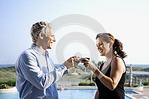 Caucasian couple toasting wine glasses.