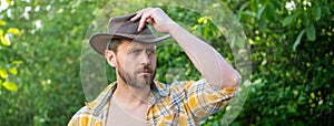 caucasian cowboy man rancher. cowboy man rancher in hat. cowboy man rancher outdoor.