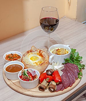 Caucasian cuisine dish, wine, appetizer, spices, sauce, barbecue