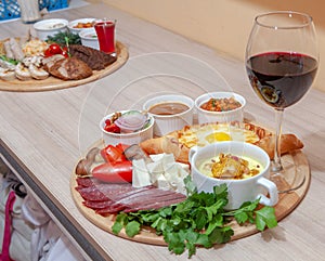 Caucasian cuisine dish, wine, appetizer, spices, sauce, barbecue