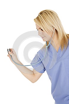 Caucasian doctor or nurse wearing blue scrubs