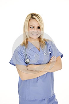 Caucasian doctor or nurse wearing blue scrubs