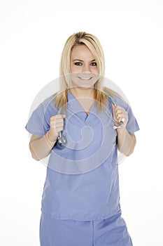 Caucasian doctor or nurse wearing blue scrubs