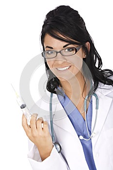 Caucasian doctor or nurse wearing a lab coat and preparing a vaccination