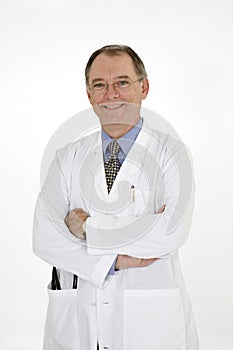 Caucasian doctor with a receding hairline wearing a white lab coat