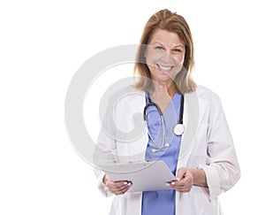 Caucasian doctor on white