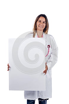 Caucasian doctor woman holding white board