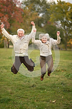 Caucasian elderly couple in the park in autumn