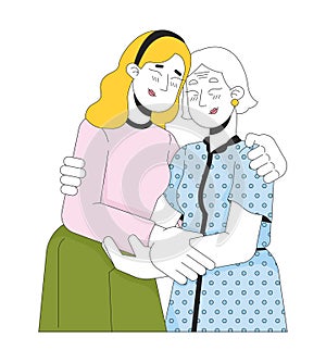 Caucasian elderly mother daughter hugging 2D linear cartoon characters