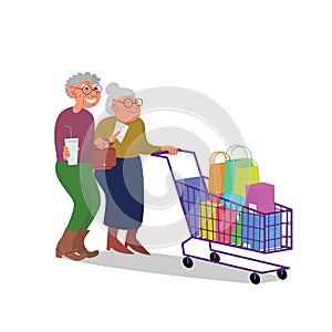 Caucasian elderly retired couple walking with shopping cart full of purchases. Flat style stock vector illustration