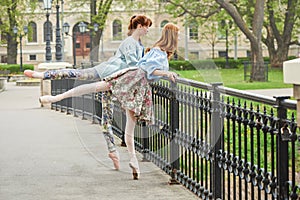 Caucasian fashion ballerina walking in the park