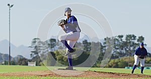 Caucasian female baseball player wearing glasses pitching ball on baseball field