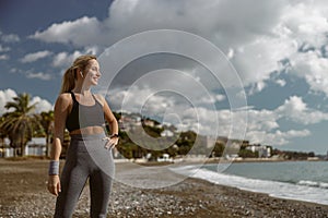 Caucasian female at daily fitness regime outdoors