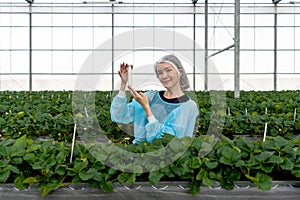 Caucasian female fruit researcher in isolation gown and disposable polyester synthetic fiber Hairnet holding Urea in PET preform