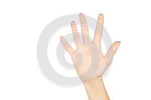 Caucasian female person showing open hand palm. number five. isolated on a white background. gesturing concept