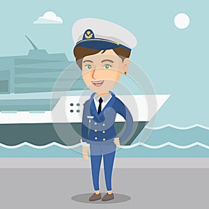 Caucasian ship captain in uniform at the port.