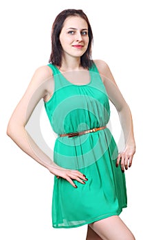 Caucasian girl 18 years old in short green dress.