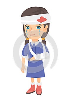 Caucasian girl with broken arm and bandaged head.