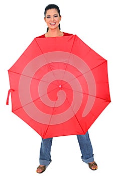 Caucasian Girl Covered With Red Umbrella