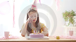 Caucasian girl disappointing on her birthday. Festive colorful background with balloons. Birthday party and wishes