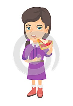 Caucasian girl eating tasty pizza.